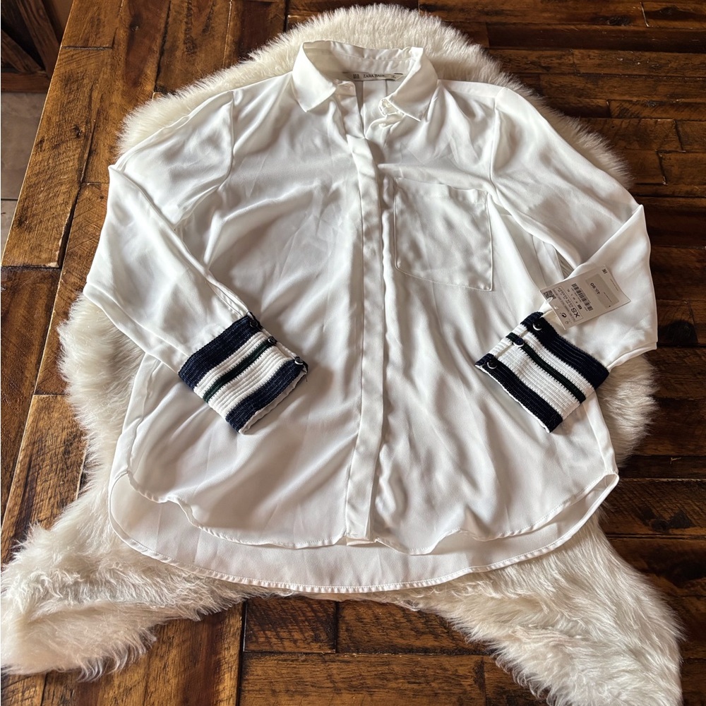 Zara White Button Down Shirt with Black Striped Cuffs